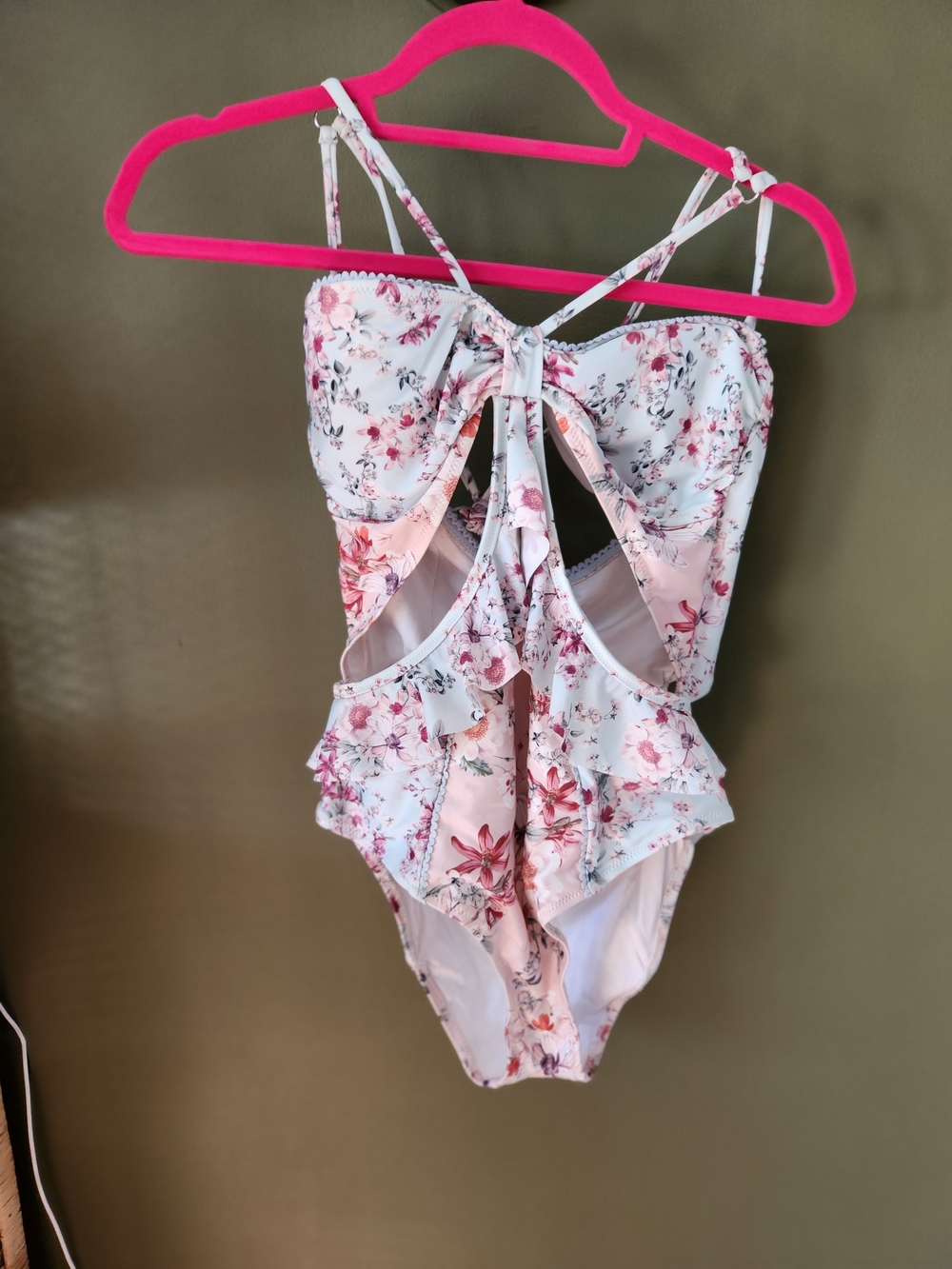 Cutout Flower One Piece Bathing suit Blue and Pink Flowers - Size XL -